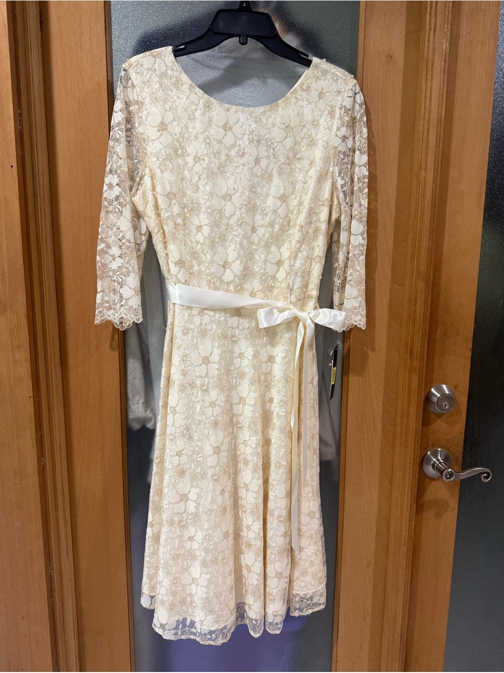Tahari Ivory  Lace A-Line Dress with Satin Belt - Size 12